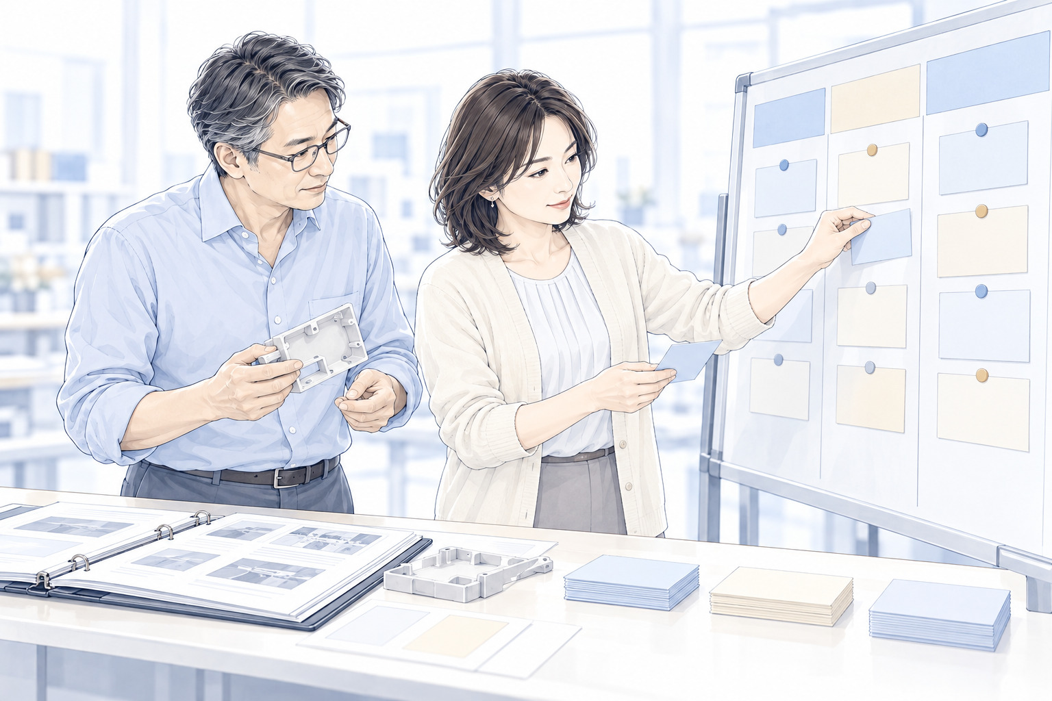 実際の仕事の試料と研修の各回を照らし、職場で試す機会を計画する二人