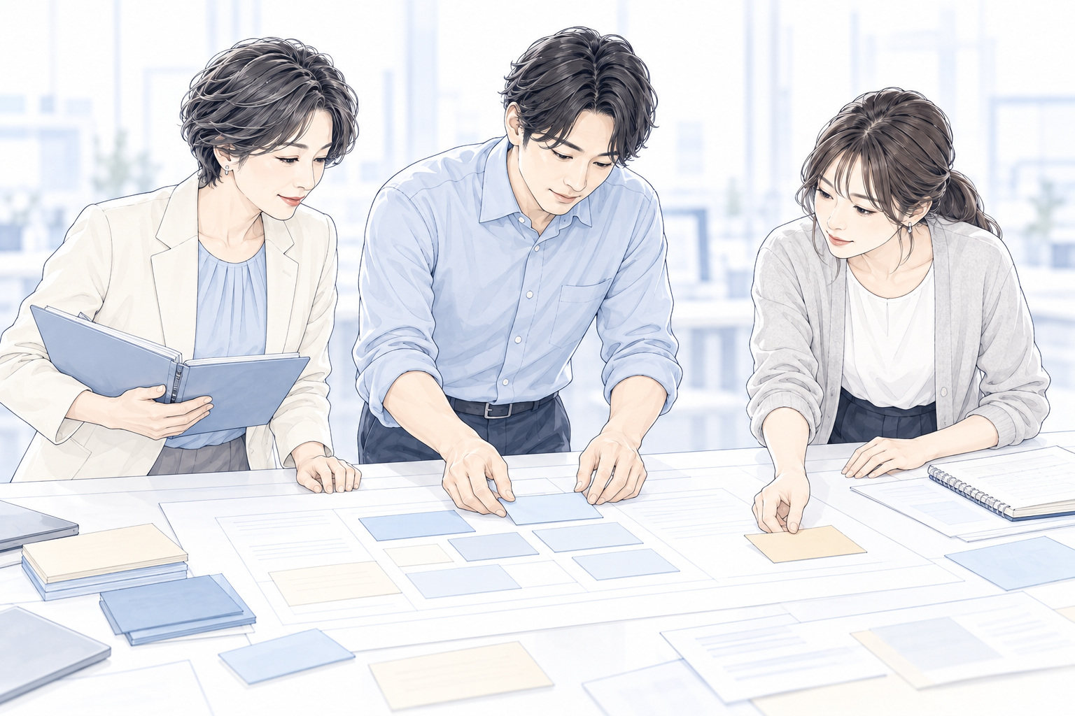 仕事の資料とカードを並べ、学ぶことや職場で試すことを三人で考える場面